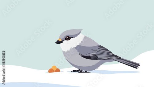 Gray bird stands on snow near small orange berries in winter