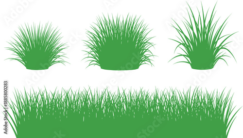 Fresh green grass bushes and seamless border silhouette set, vibrant natural lawn field texture graphic design elements for spring and summer backgrounds.