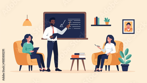 Instructor explains concepts on a blackboard to two seated learners in armchairs