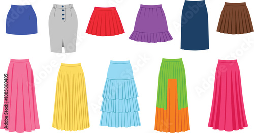 Vector collection of ten different women's skirt styles in various vibrant colors, including pleated, pencil, mini, tiered, and long flowing midi skirts, isolated on white.