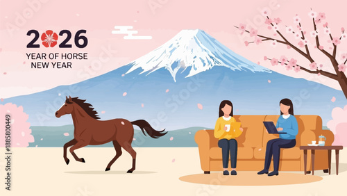 Horse trots near people on couch; Mt Fuji & cherry blossoms backdrop