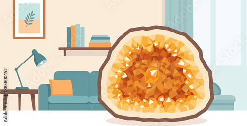 Interior scene with a large halved crystal and cozy living room decor