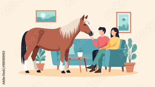 Horse interacting with couple in a living room