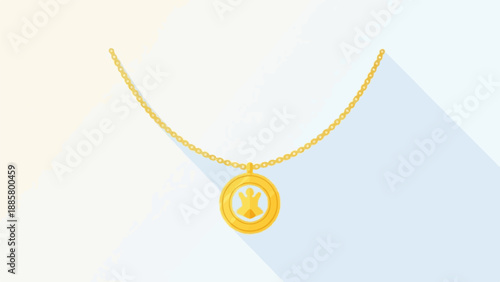 Golden necklace with circular pendant featuring an abstract figure