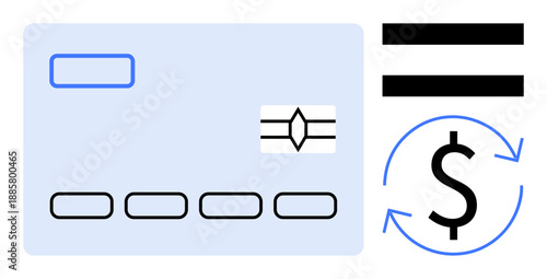 Credit card with chip, dollar sign encircled by arrows, and equal sign. Ideal for finance, banking, payment, e-commerce, budgeting currency exchange and money transfer themes. Simple flat metaphor