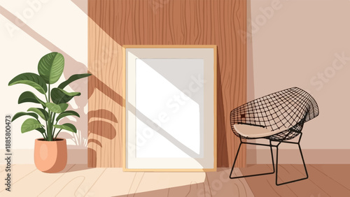 Interior scene with a plant, empty frame, and a wire chair under sunlight