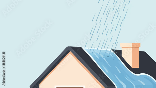 House roof flooded with rain water, causing a visible stream