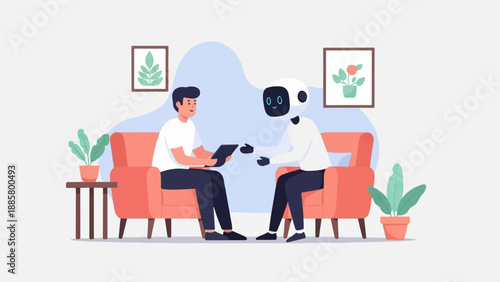 Human and robot interact in cozy room