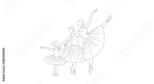 Elegant line drawing depicting three ballerinas in graceful poses showcasing artistic movement