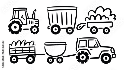 Farm Vehicles Illustrations: A collection of simple line drawings showcase various farm vehicles, illustrating the essential tools of agriculture, ready for harvest.