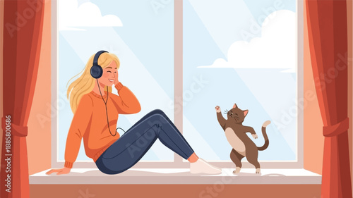 Girl with headphones listens to music near a playful cat by window
