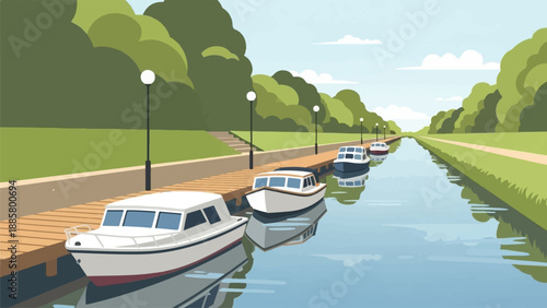 Idyllic canal scene with moored boats, trees, and clear sky