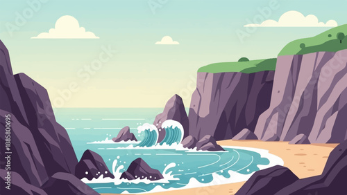 Idyllic coastal scene with purple cliffs, green hills, and turquoise waves crashing on a sandy beach