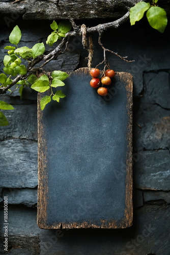 An empty chalkboard in an antique wooden frame hanging on a dark stone wall beneath a branch with green leaves and a cluster of red berries, creating the perfect backdrop for the menu