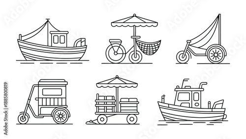 Coastal Mobility: A vector illustration showcasing an array of nautical and mobile vehicles, evoking the charm of coastal commerce and seaside life.