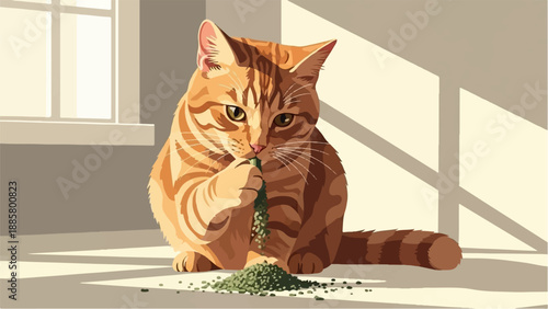 Ginger tabby cat sits near window, paws in green herbs