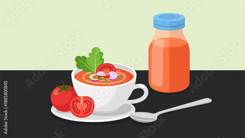Fresh gazpacho soup in a bowl with tomatoes, onions, greens, and a drink
