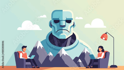 Giant robot sculpture looms over two people working on laptops in armchairs