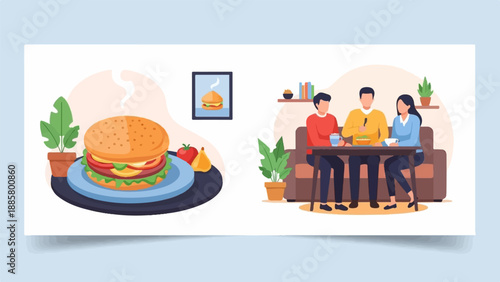 Flat illustration of a burger and friends enjoying a meal together