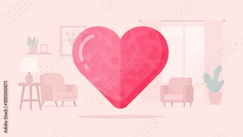 Giant pink heart hovers in a minimalist living room with plush furniture