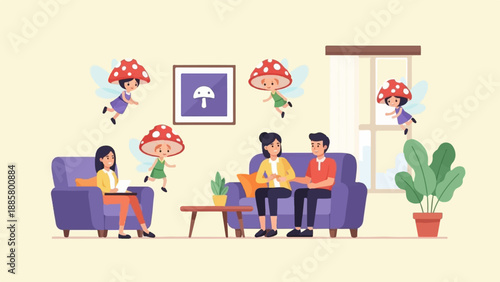 Four mushroom fairies flutter around people in a living room
