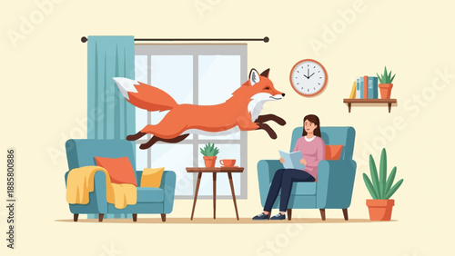 Fox leaping through living room as woman reads peacefully