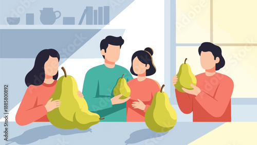 Four people and several pears in a modern kitchen setting