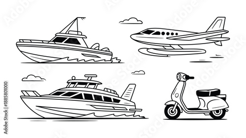 Transportation Collection: Capturing a variety of vehicles in a clean, illustrative style, perfect for themes of travel, logistics, and mobility.