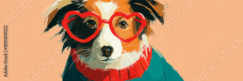 Doodle dog wearing a red heart sweater with heart-shaped glasses. Dog wearing red heart sweater and glasses for Valentine