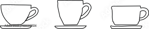 Set of simple outline coffee and tea cups with saucers. Hand drawn cafe and restaurant drink symbols, line art illustration, icon collection.