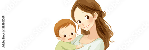 Watercolor illustration depicting a mother embracing her happy child with warmth and care. Mother and child smiling showing love and connection