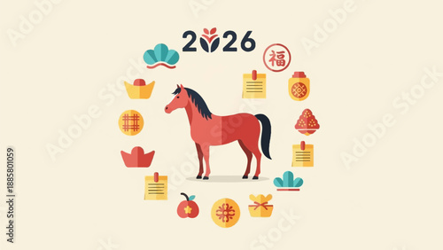 Festive red horse surrounded by traditional Chinese New Year symbols and the year 2026