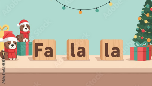 Festive puppies and gifts with "Fa la la" blocks under holiday lights