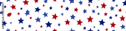 Red and blue stars forming a cheerful, seamless American flag inspired pattern. USA colors star pattern creating a patriotic background