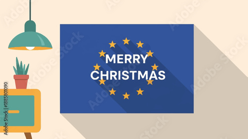 Flat illustration of a desk with plant & lamp, plus EU flag greeting