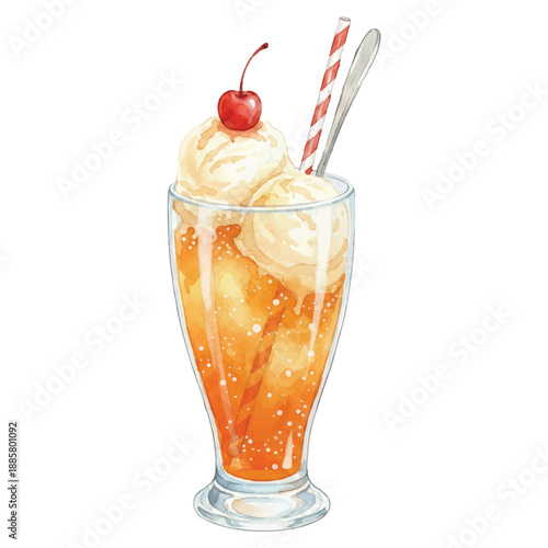 Watercolor Ice Cream Float Soda Drink with Straw and Cherry, Refreshing Summer Beverage Illustration, Vector Isolated on White Background
