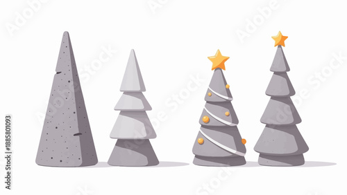 Four stylized gray trees, two plain, two decorated, on white