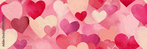 Watercolor hearts creating a seamless pattern in shades of pink and red on a white background. Seamless watercolor heart pattern for Valentine's Day love