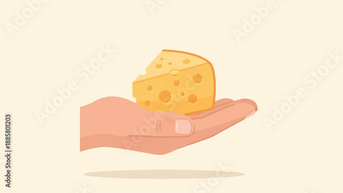 Flat illustration of a hand holding a wedge of Swiss cheese