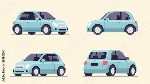 Four pixel art light blue cars from different angles