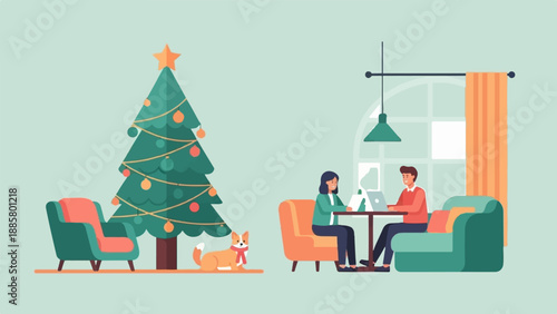 Festive indoor scene with decorated tree, cozy seating, and people working
