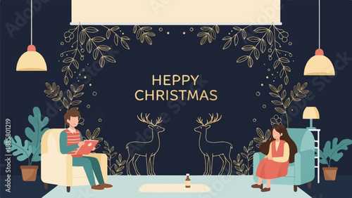 Festive interior with two people enjoying Christmas