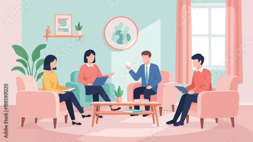 Four people in a cozy room, conversing and working on laptops