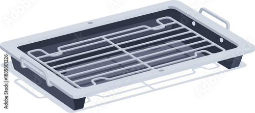 Isometric illustration of a sleek, modern electric grill with a dark interior and chrome rack