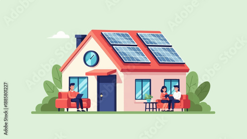 Flat illustration of a home with solar panels and people relaxing on sofas