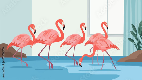 Four pink flamingos stand in blue water with rocks and plants