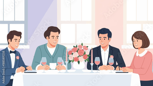 Four people in formal attire enjoy a meal with wine and flowers at a table