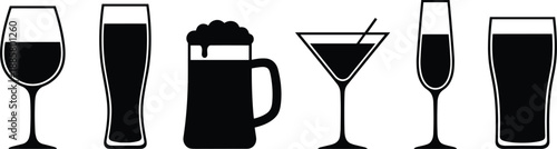 Set of alcoholic beverage glass silhouettes including wine beer mug cocktail martini and champagne flute for bar and restaurant.