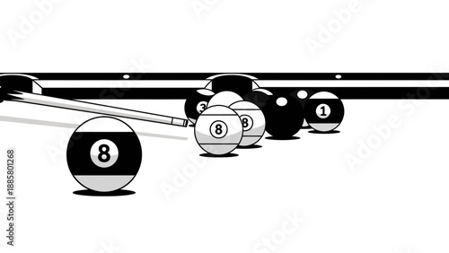 Billiard Balls and Cue Stick on Pool Table Vector Illustration, Sports Game Concept, Graphic Design Element for Leisure and Recreation