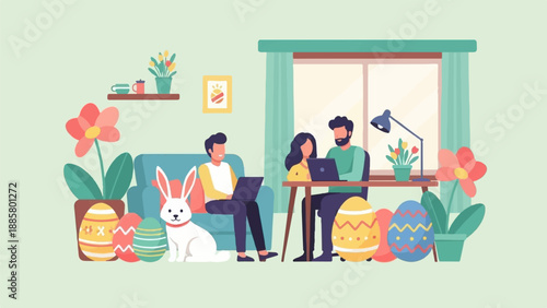 Festive home office with people, bunny, and colorful eggs